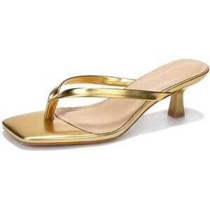 Lullasong Womens Size 10 Shiny Gold 2.5" Heel Slide On Flip Flop Sandal Shoes
